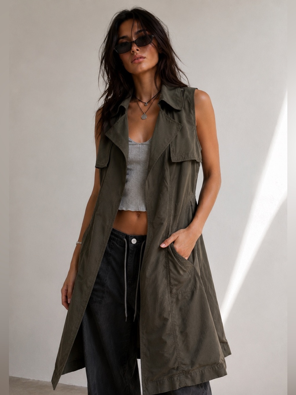 Runway New York Olive Longline Utility S Vest Indie Sleaze Minimalist